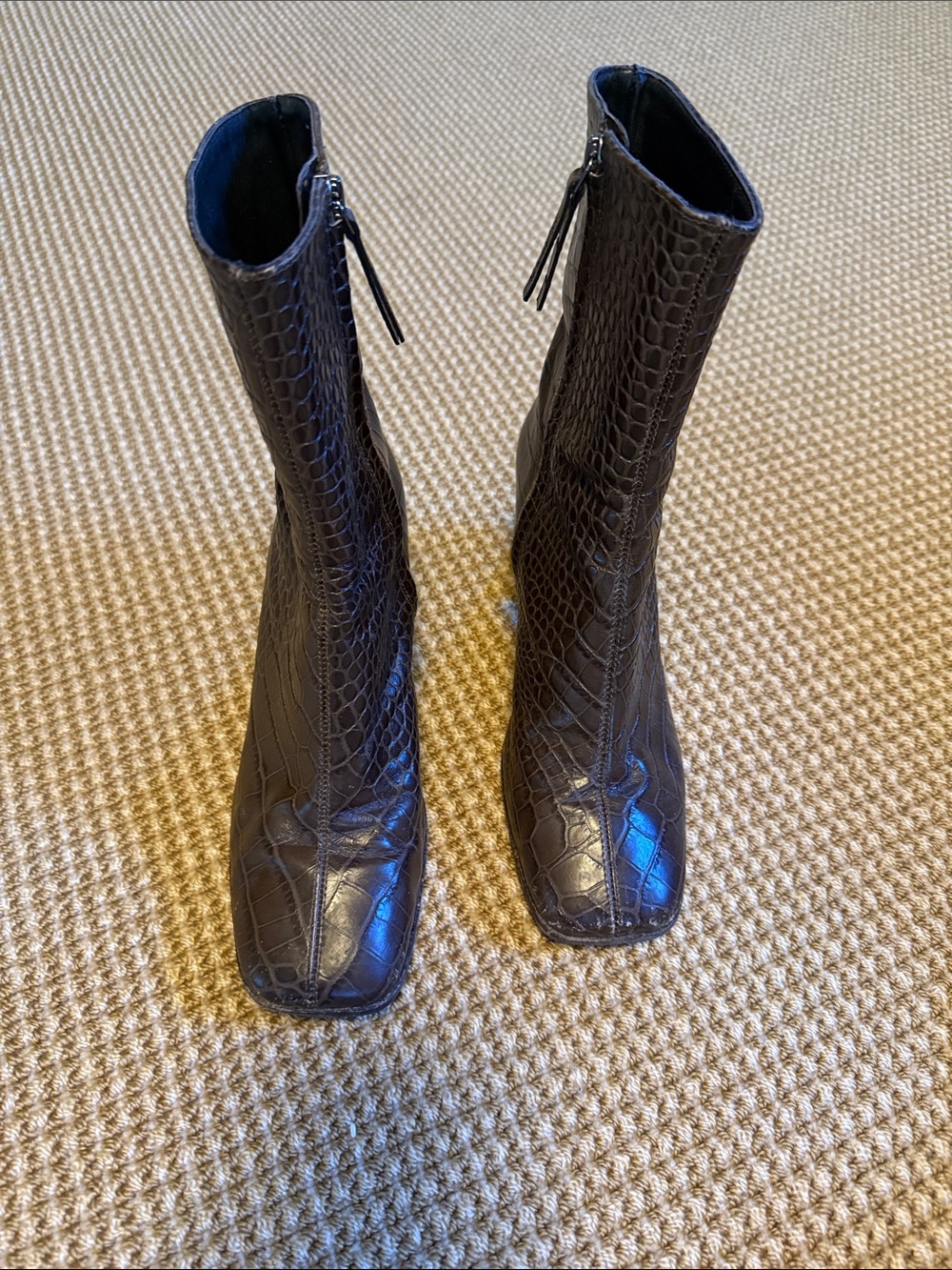 Reformation Black Croc-Embossed Square-Toe Ankle Boots